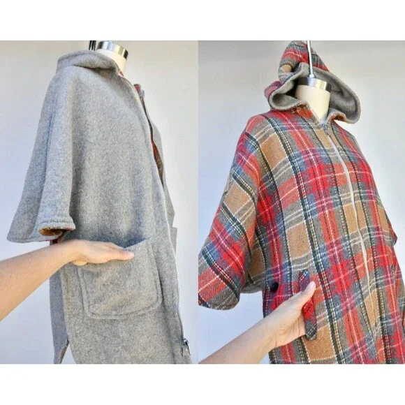 REVERSIBLE Hooded Poncho - Wool Cloak Cape - Woodland - Reversible Cape OS - Picture 3 of 10